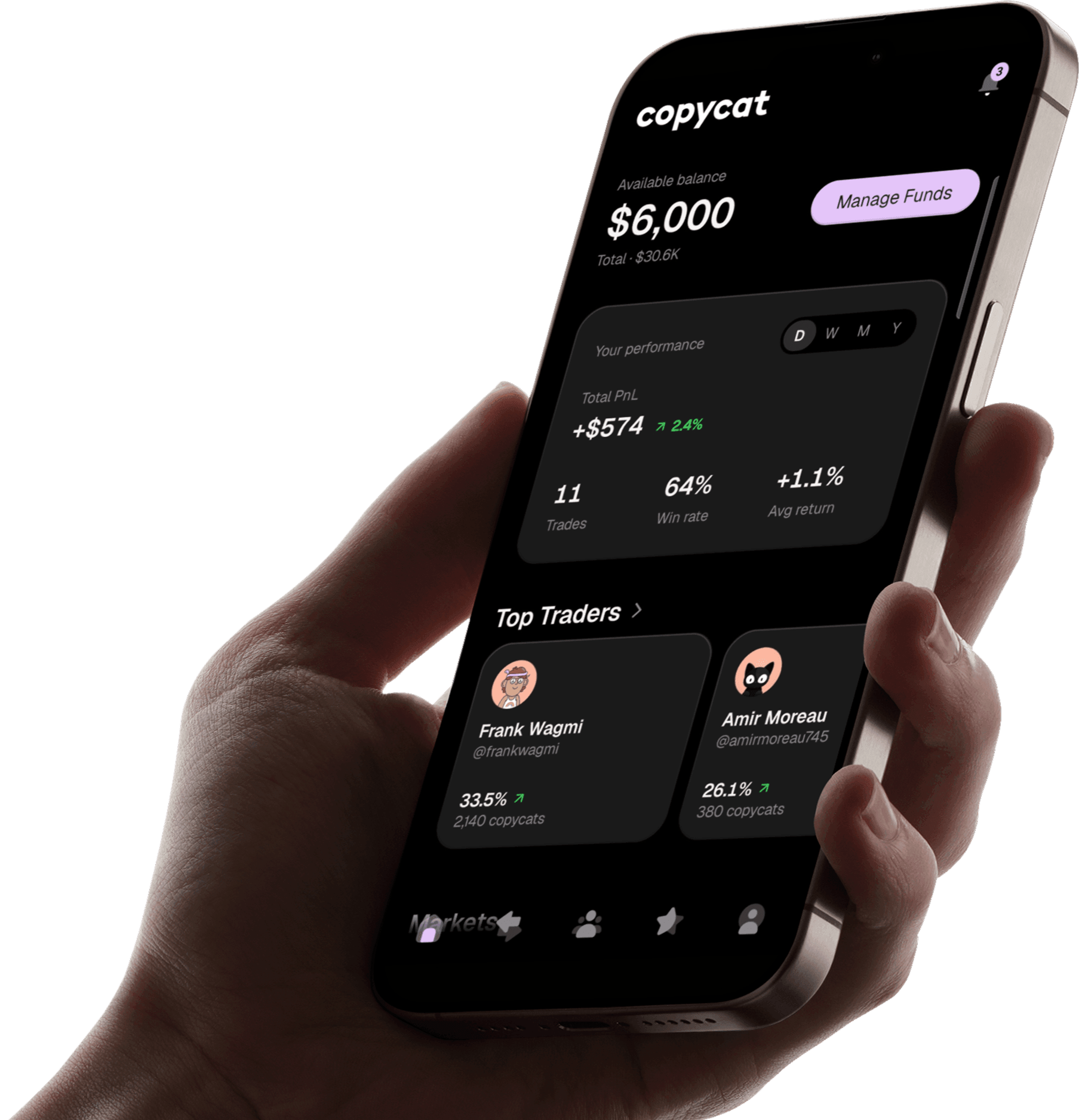 A hand holding a phone showing the Copycat app home screen