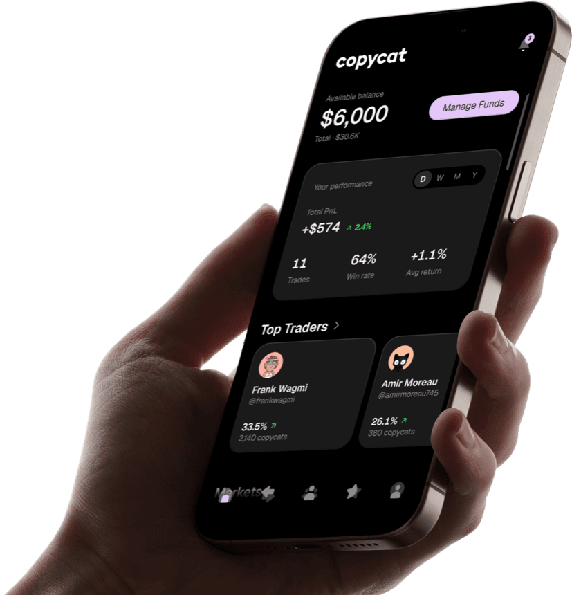 A hand holding a phone showing the Copycat app home screen