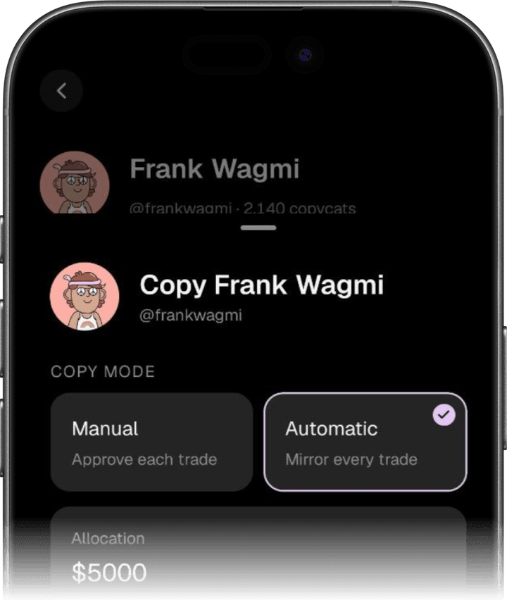 The Copycat app's copy setup for Frank Wagmi: automatic copying, an allocation and a limit per trade.